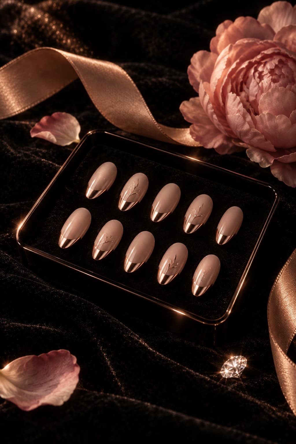 Écrin de dix press-on nude à pointe rose gold, ruban satin, pivoine et diamant